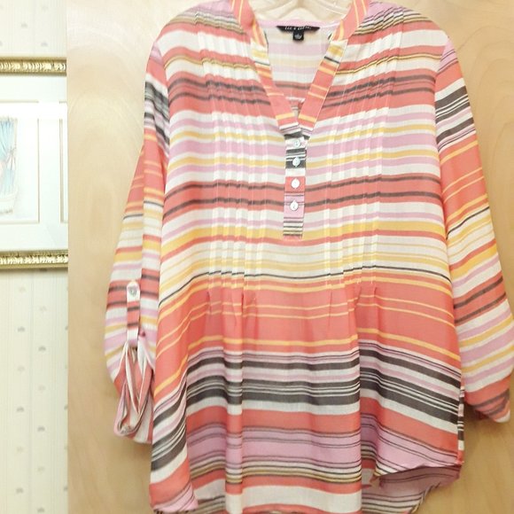 Zac and Rachel Orange Pink Striped Pintuck Henley Tunic L - Picture 2 of 8